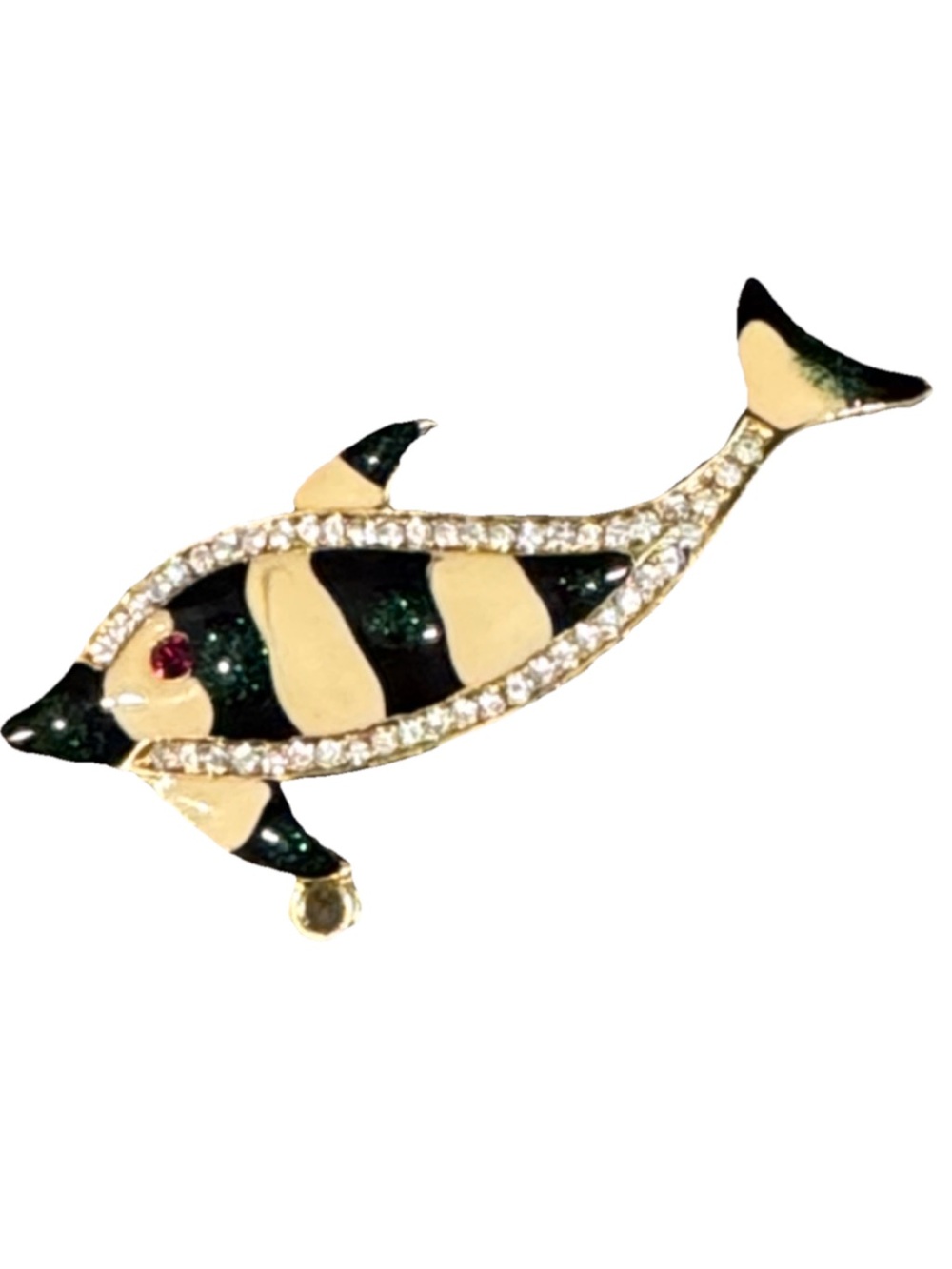Vintage  Striped Enamel Dolphin Brooch Pin pendant Rhinestone Gold Tone Retro